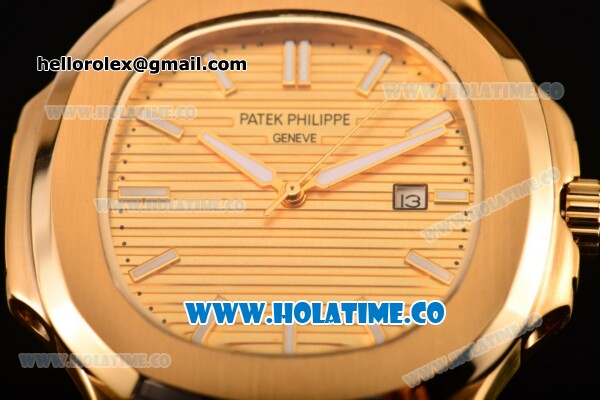 Patek Philippe Nautilus Asia Automatic Yellow Gold Case with Gold Dial Brown Leather Strap and Stick Markers - Click Image to Close